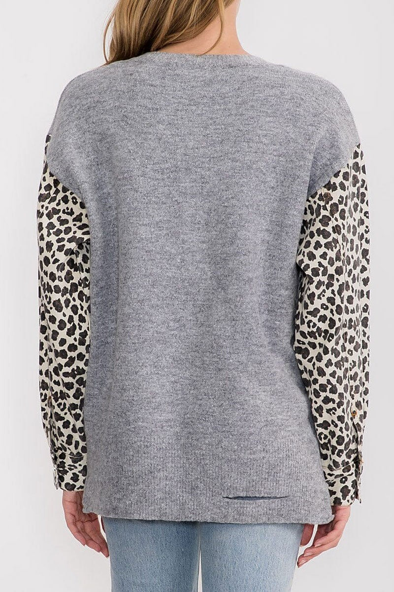 Women's Animal Print Contrast Distressed Pullover Sweater Size S/M