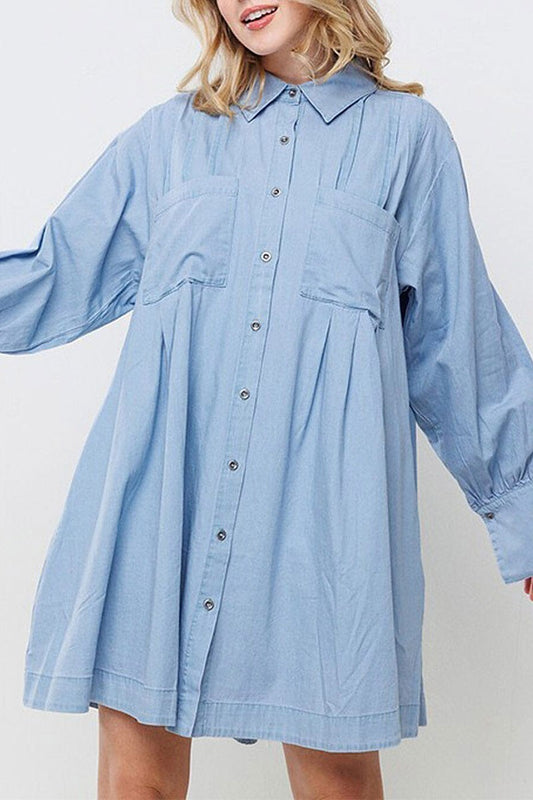 Women's Solid Long Sleeve Pocket Detail Button Down Shirt Dress Size Small